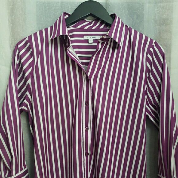 Chico's Women Striped Long Sleeve Button-Up Shirt Multicolor Size 0 US S - Picture 3 of 9